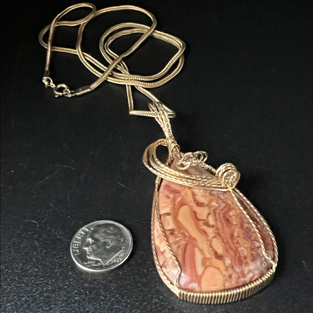 Artisan Gold Tone Wire Wrapped Jasper Gemstone Pendant 18” Necklace